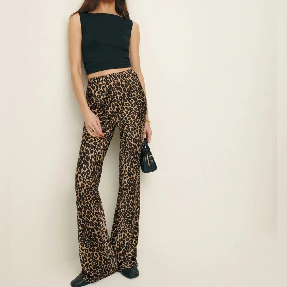 new Reformation Gale Satin Mid Rise Bias Pant in leo animal print